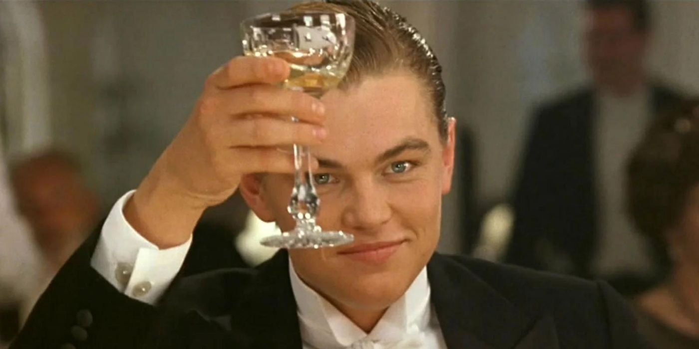 Jack toasting at dinner in Titanic