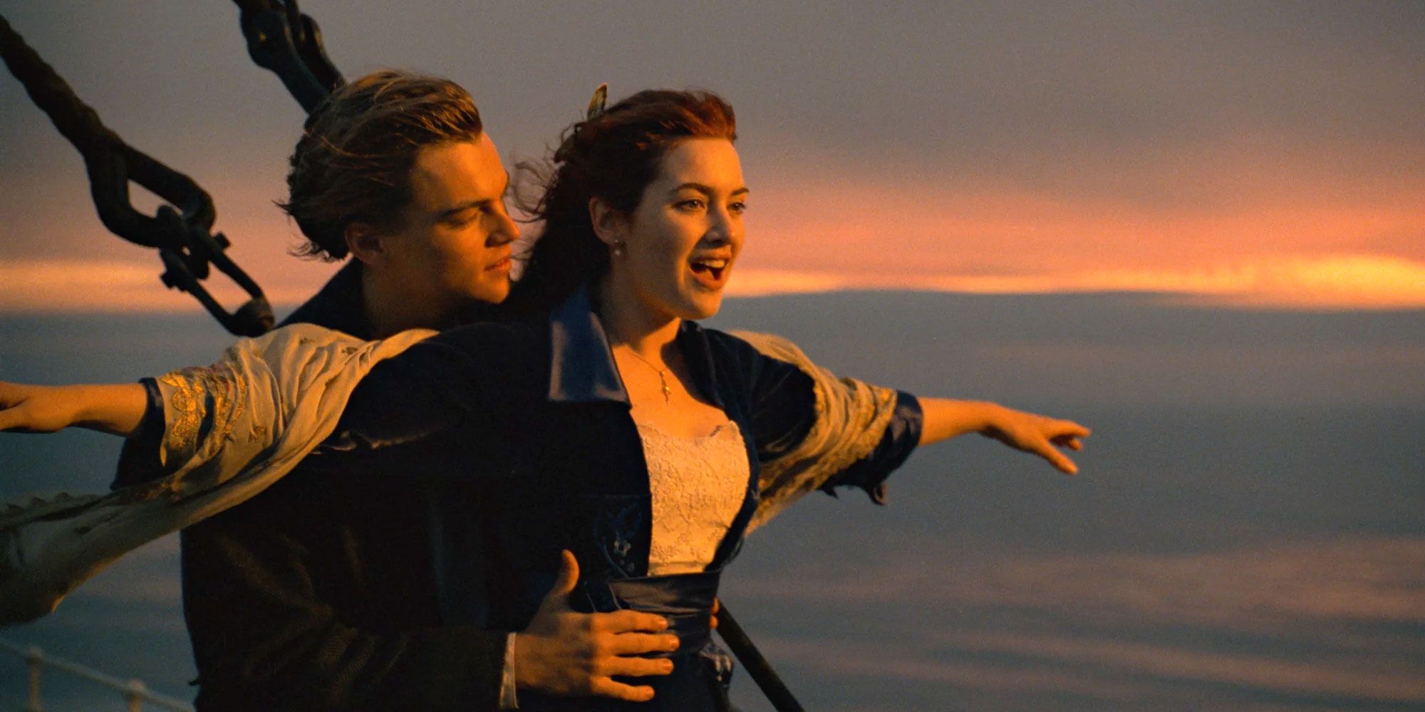 Jack and Rose are the king of the world on the Titanic.