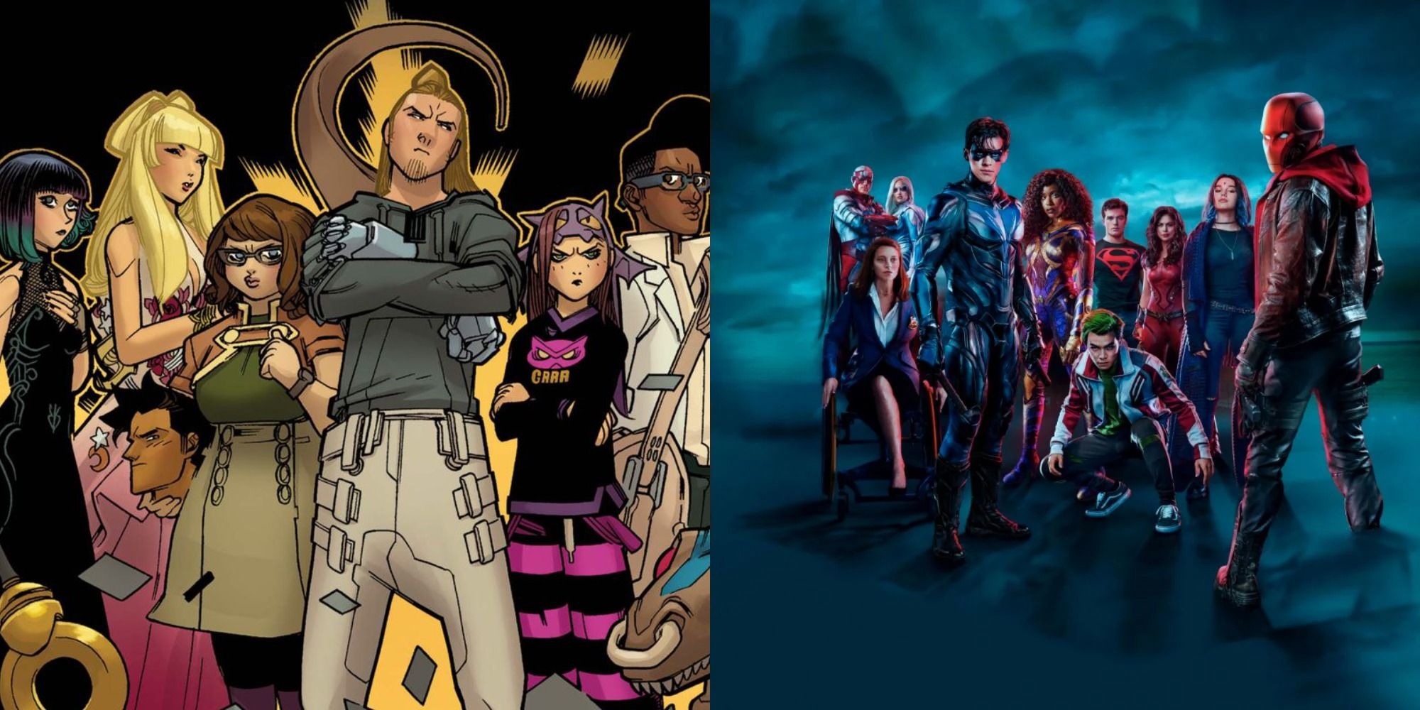 Split image of the Runaways and the Titans