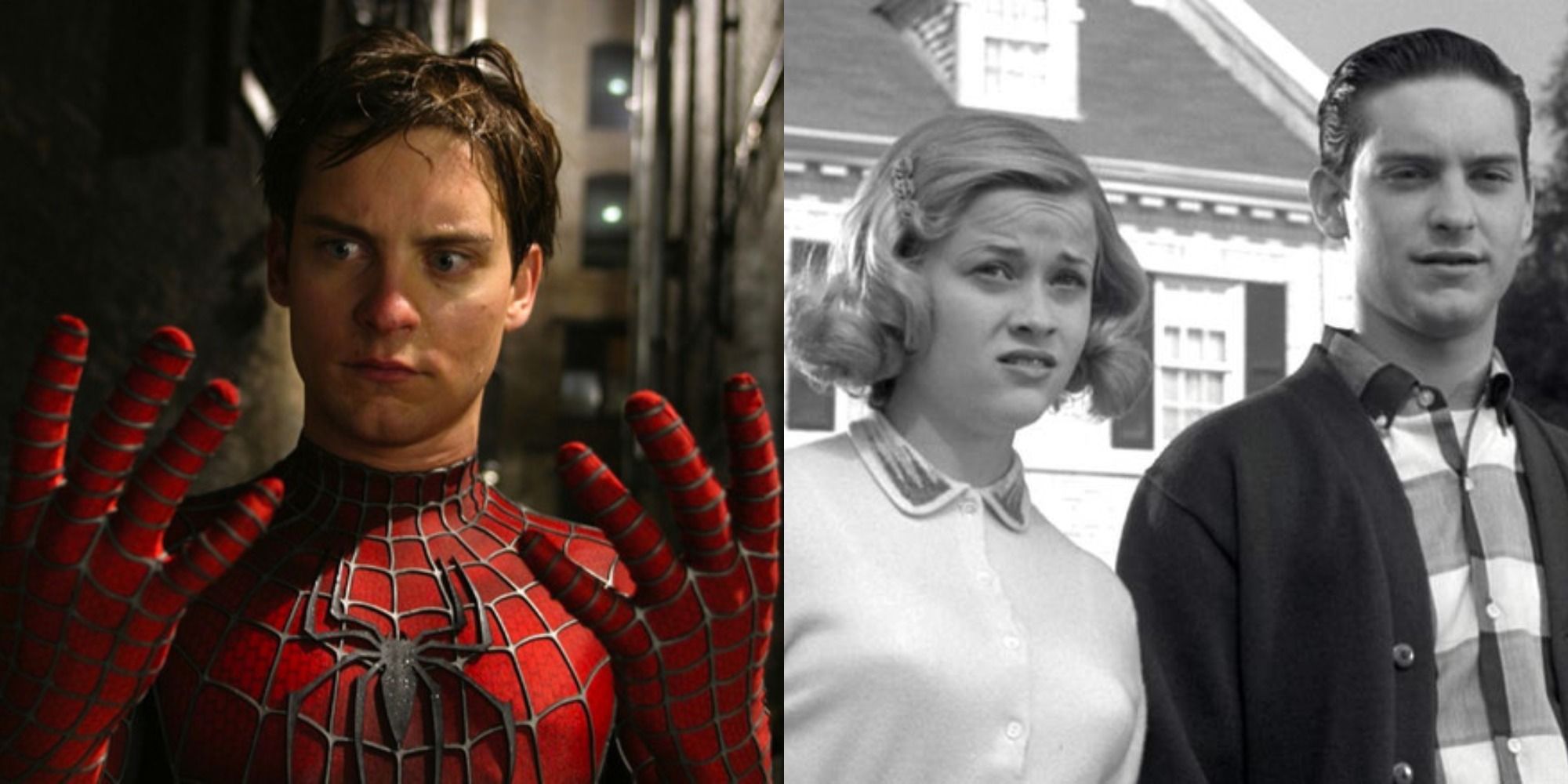 Split image showing Tobey Maguire in Spider-Man 2 and with Reese Witherspoon in Pleasantville
