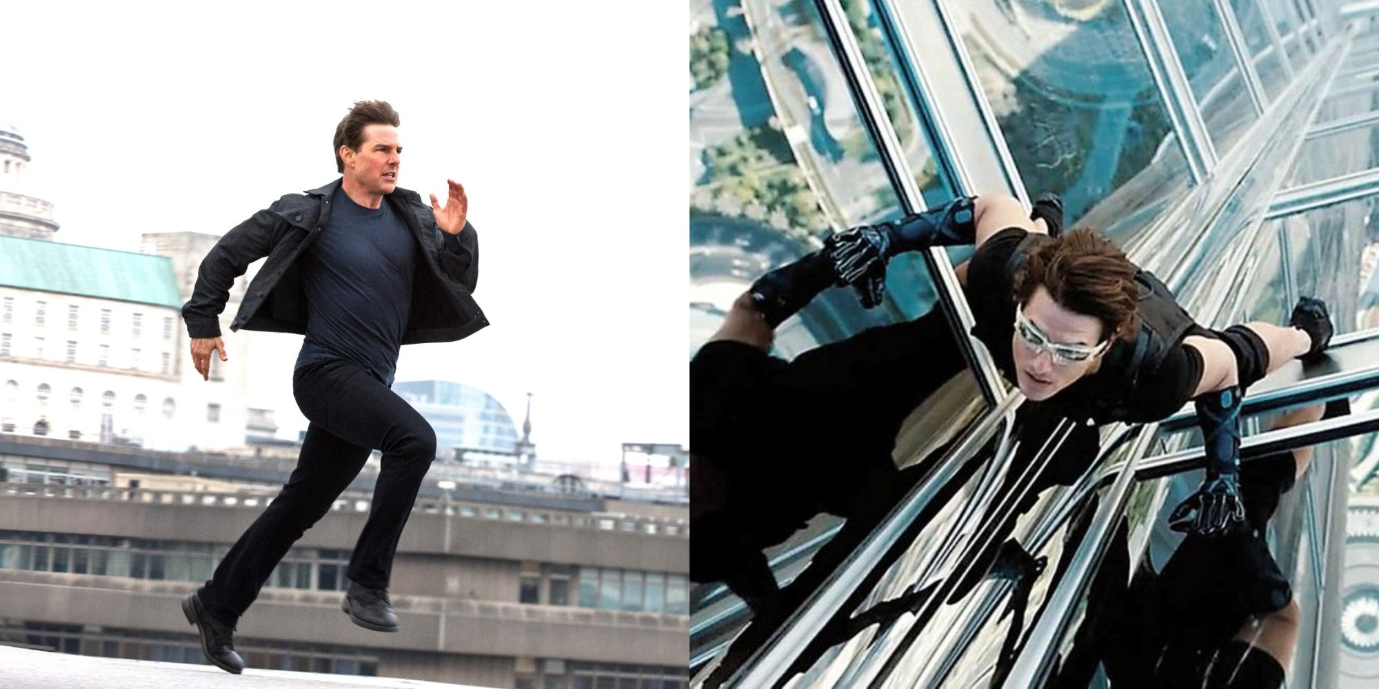 Split image showing Ethan running in Fallout and climbing the Burj Khalifa in Ghost Protocol