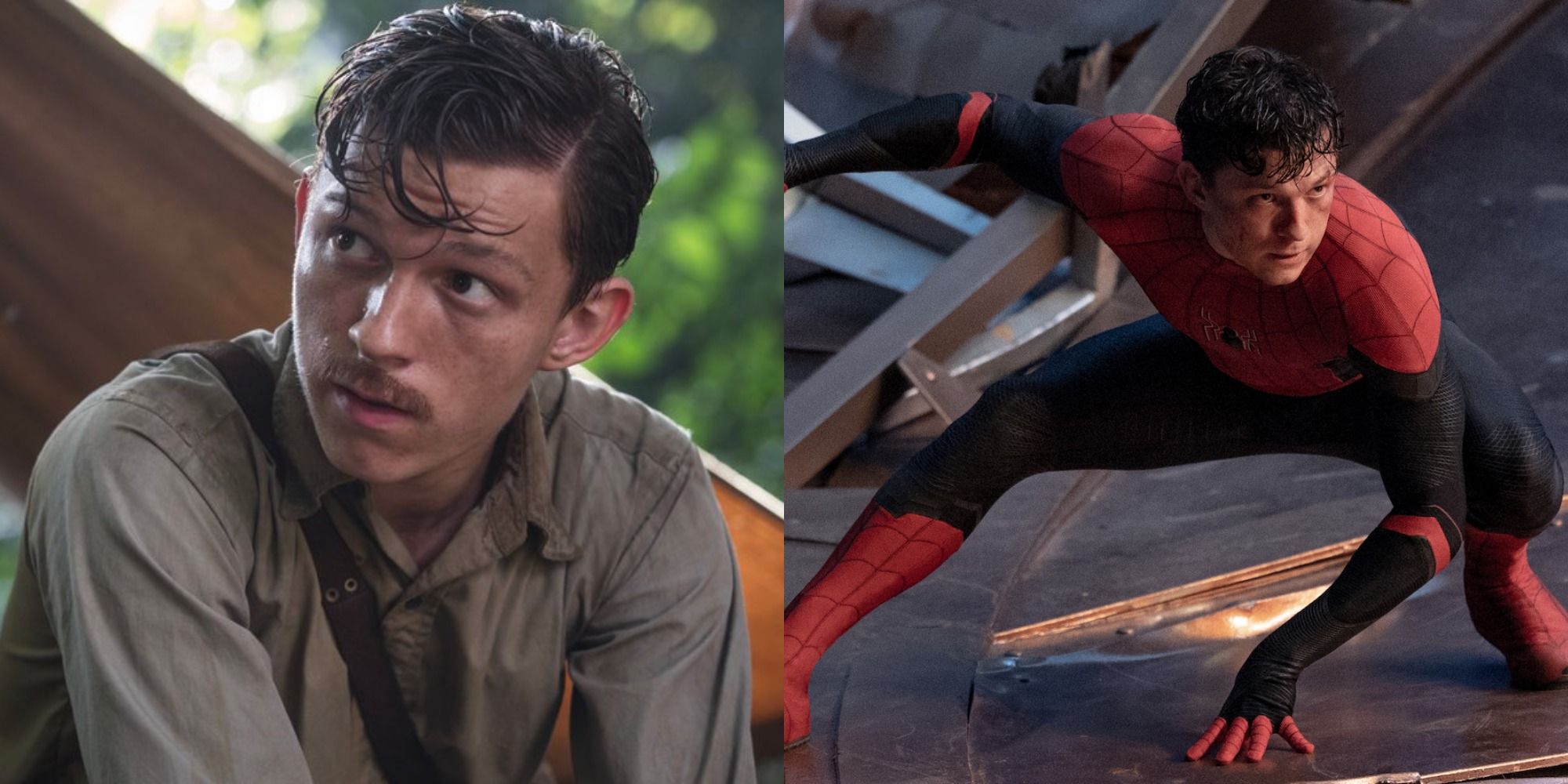 Split image showing Tom Holland in The Lost City of Z and No Way Home