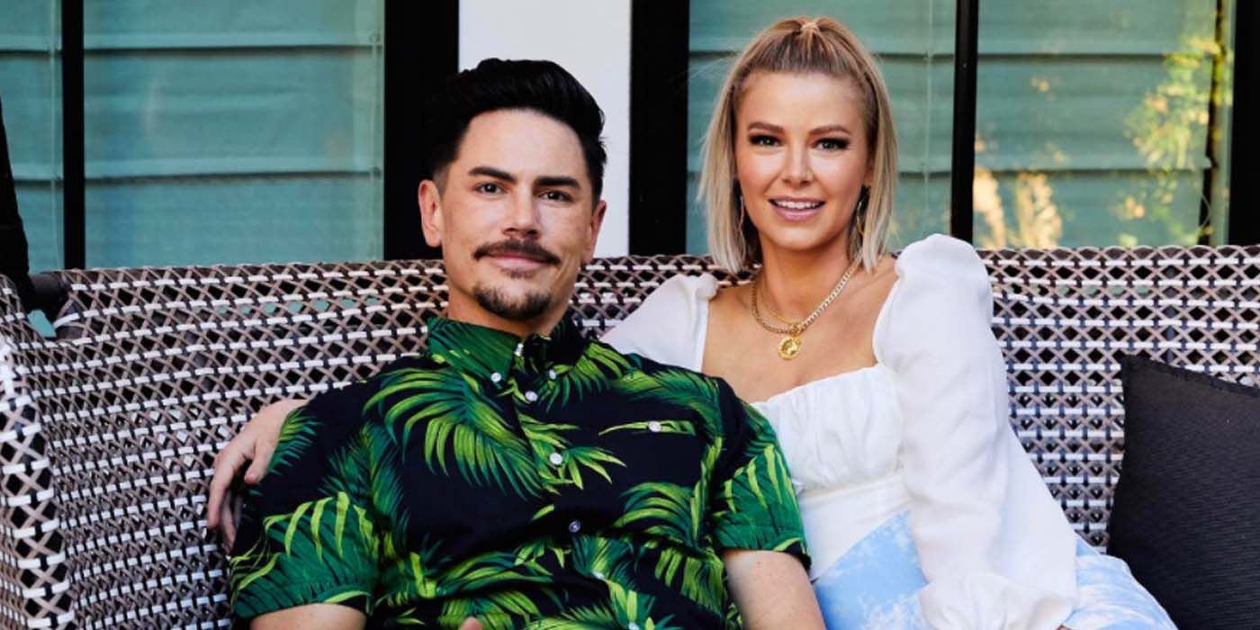 Tom Sandoval and Ariana Madix from Vanderpump Rules dressed up posing on patio sofa