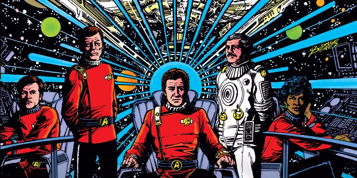 The crew of the Enterprise look on from the cover of Star Trek Comics
