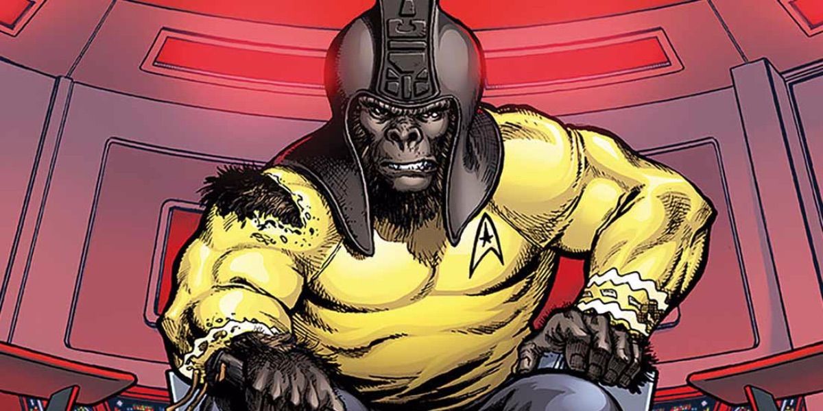 An ape soldier sits in the captain's chair wearing a starfleet uniform 