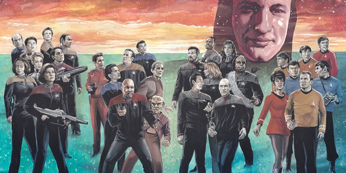 Q looks over the crews of various Trek shows