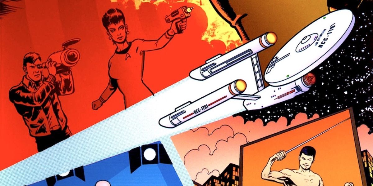 The enterprise flies while Uhura fires a phaser from Star Trek Year Four 