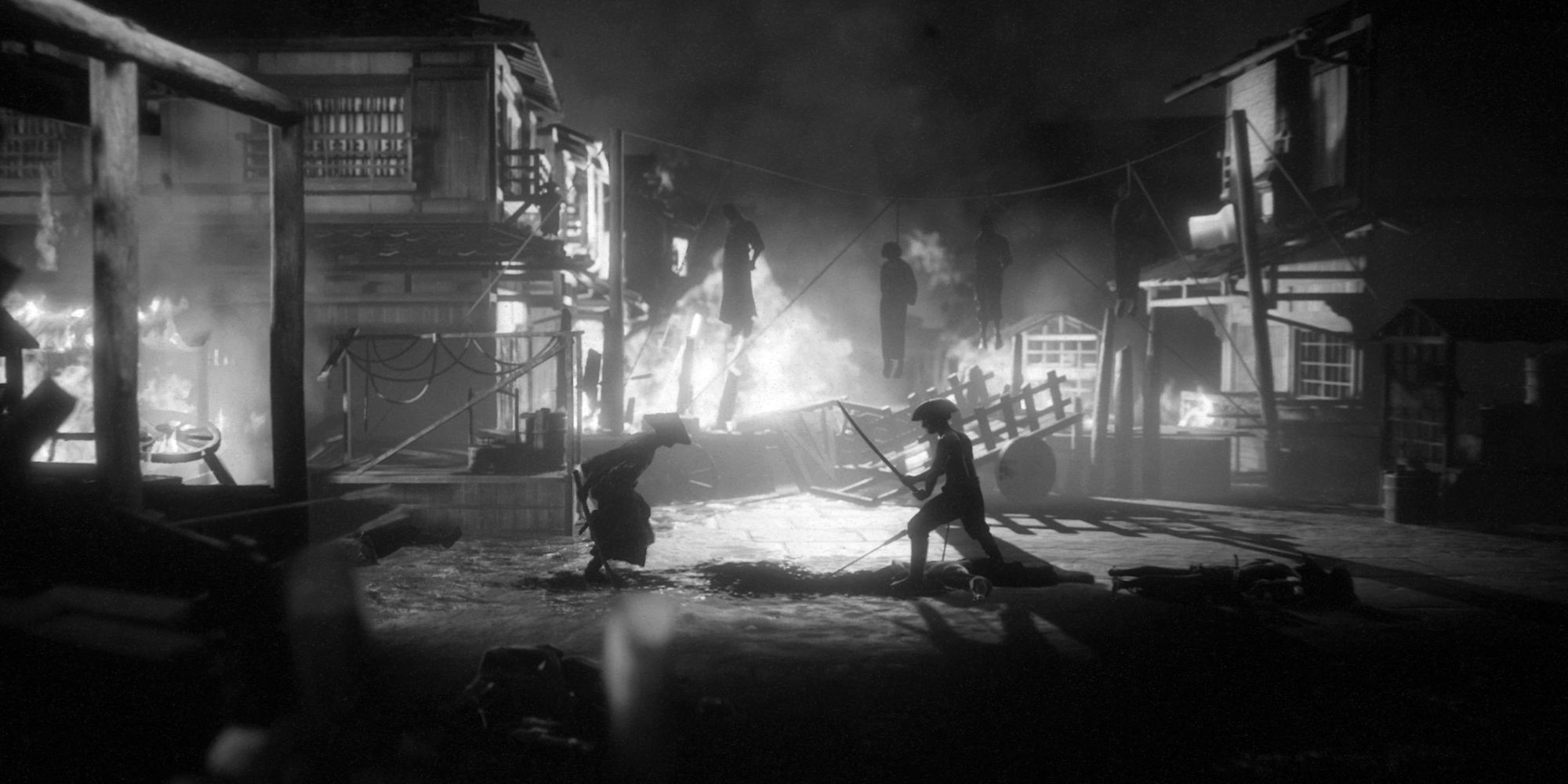 Hiroki fighting raider in burning village