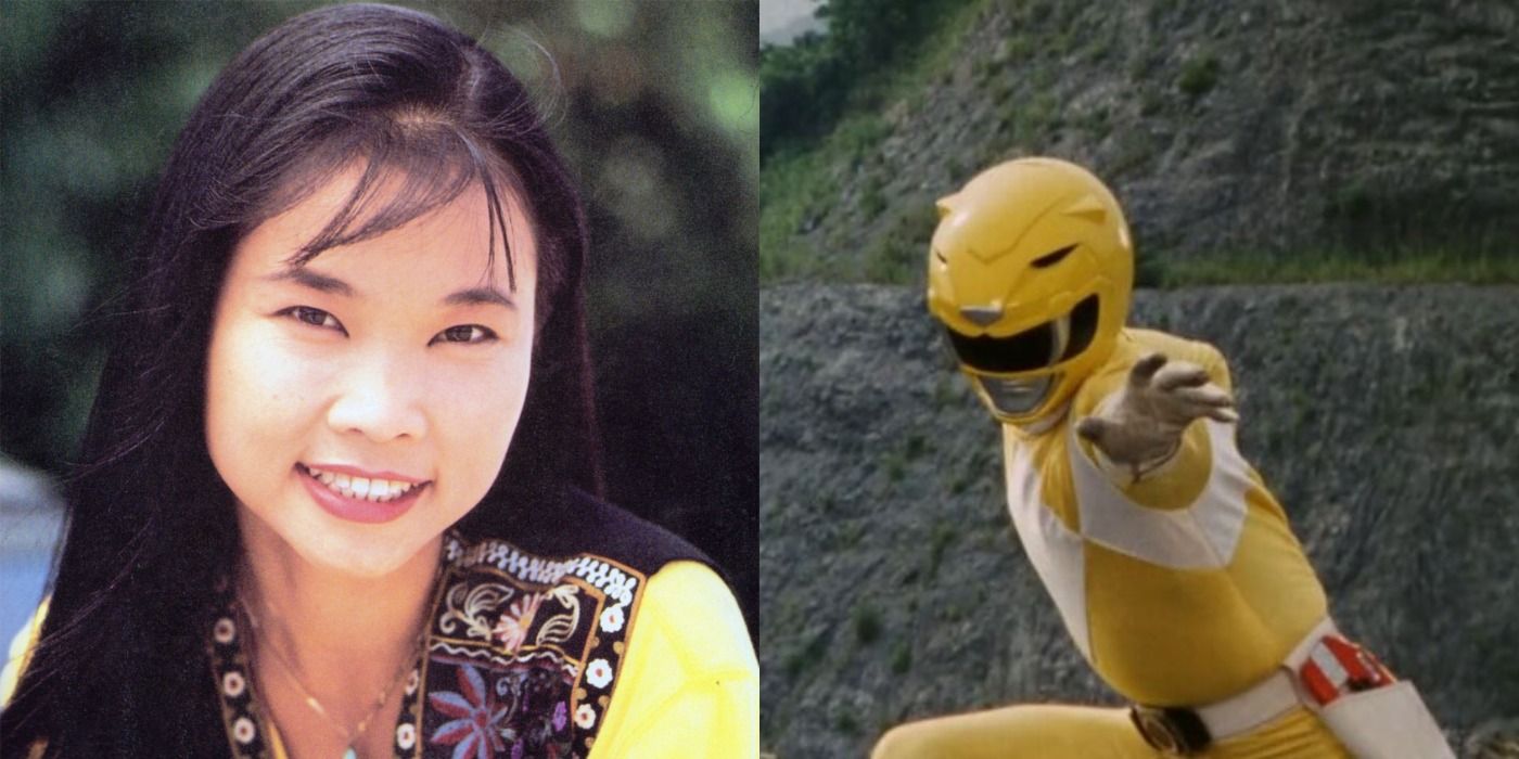 Imagem dividida de Trini, a primeira Ranger amarela, de Mighty Morphin Power Rangers