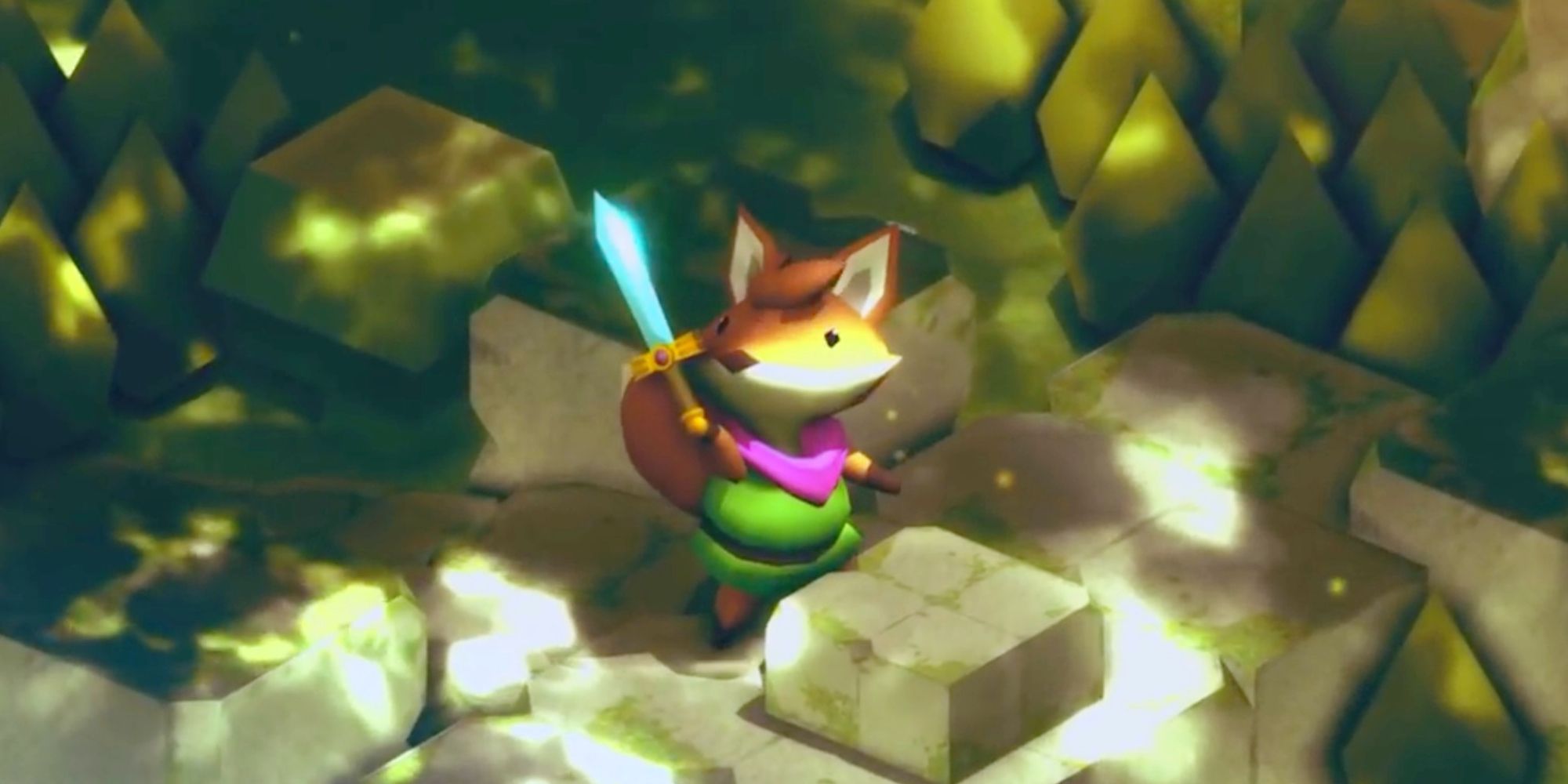 A character holding a sword in Tunic
