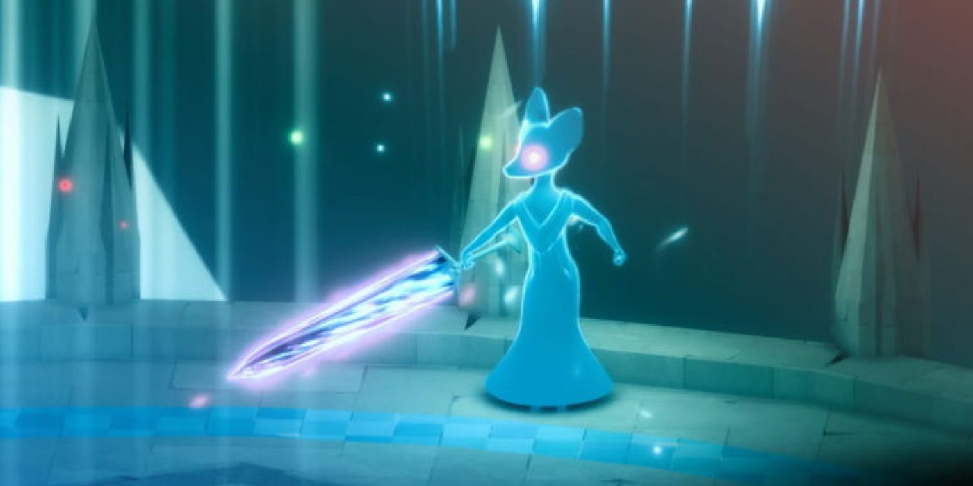 The final boss fight of Tunic, with the boss showing off a large glowing sword