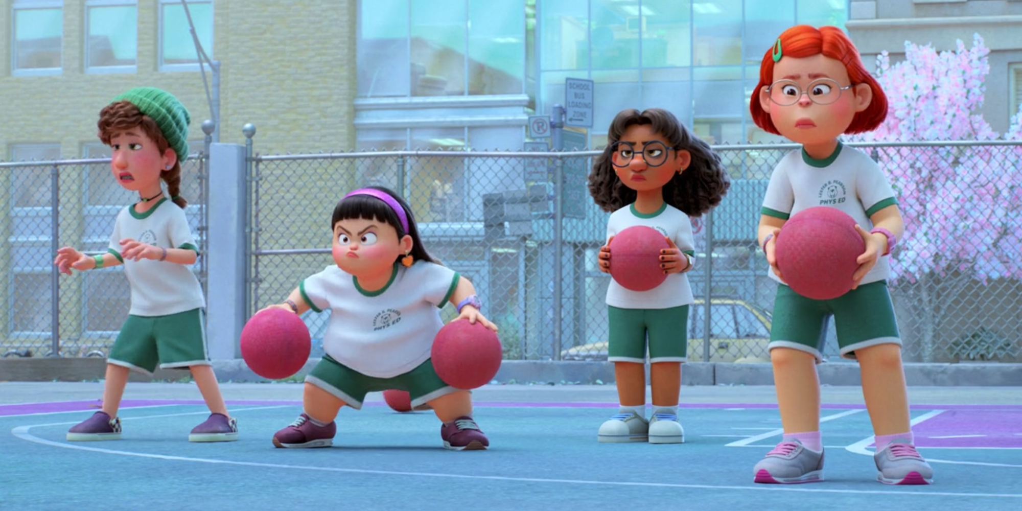 The four friends playing dodge ball in Turning Red.