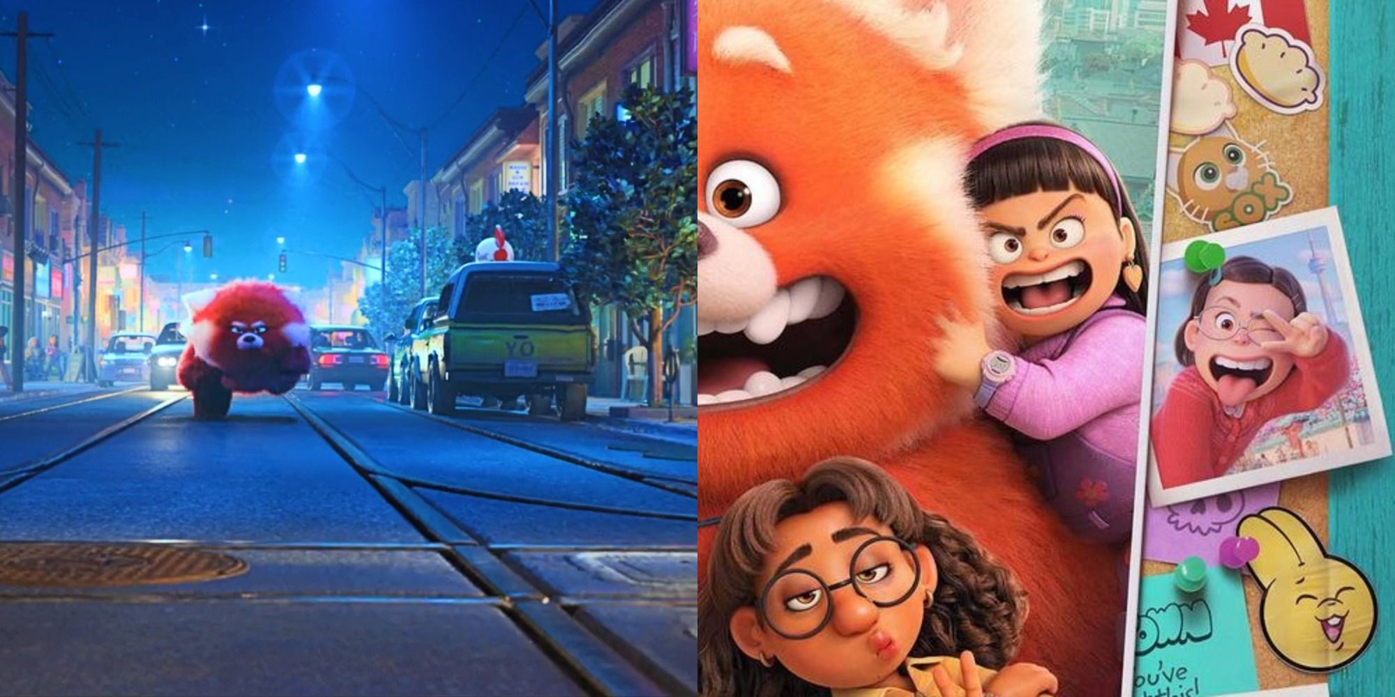 Split image of a red panda running by a pizza planet truck and easter eggs in Turning Red