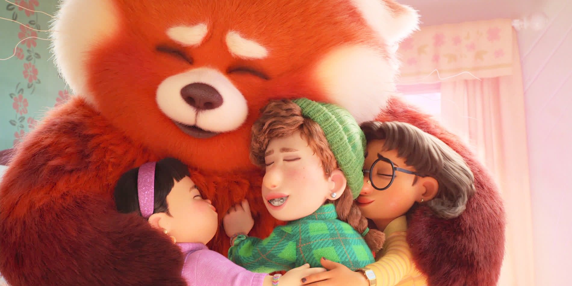 A giant panfa hugging a group of kids in Turning Red