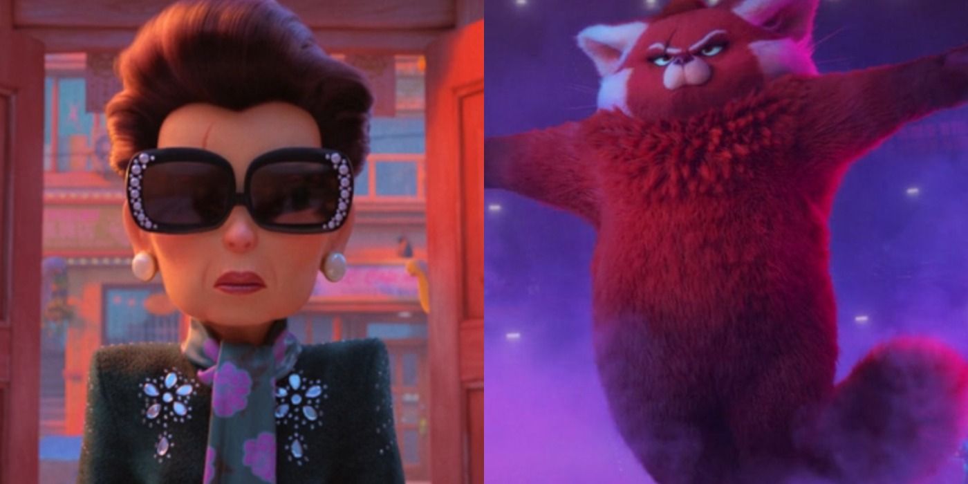 A split image depicts Grandma Wu in her human and panda forms in Turning Red