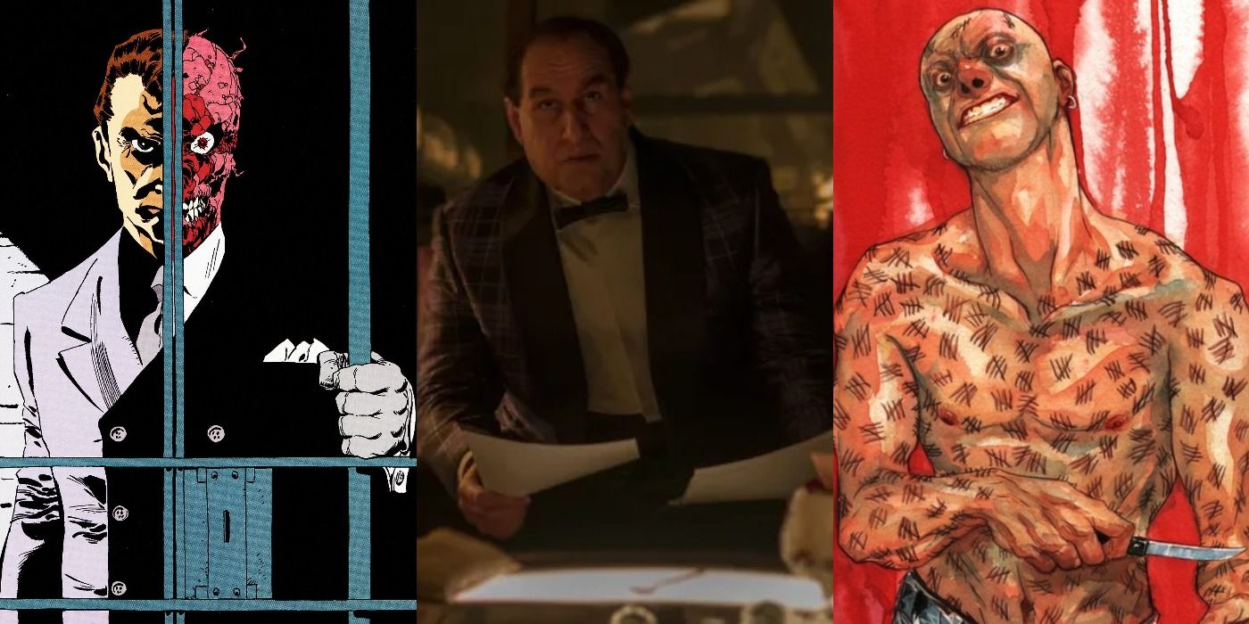 Split image of Two-Face in the comics, Penguin in The Batman, and Zsasz in the comics