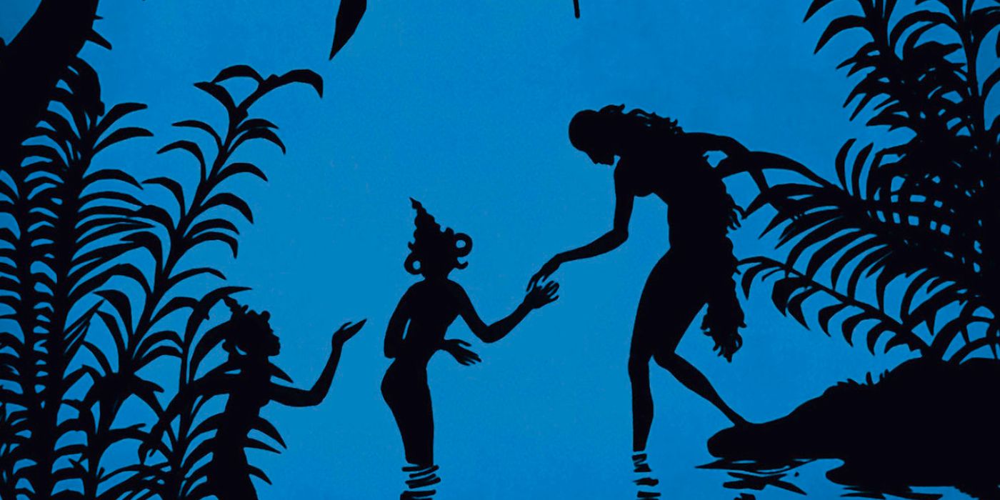 Two characters on a lake in The Adventures Of Prince Achmed (1926).