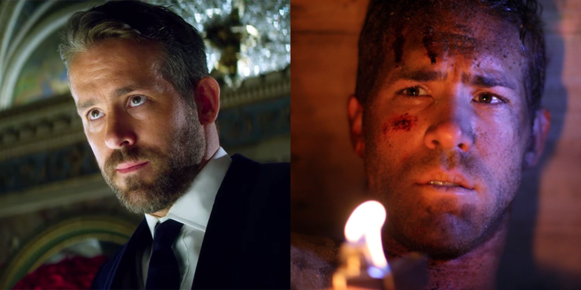 Two side by side images of Ryan Reynolds in 6 Underground and Buried