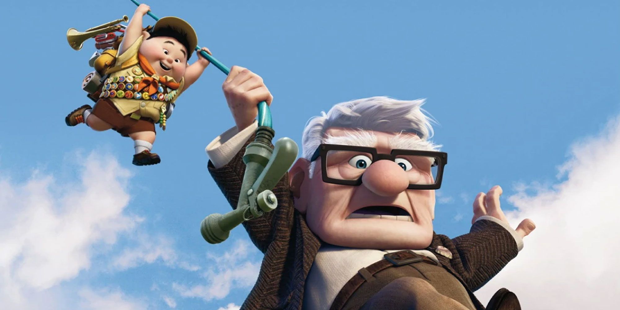 The old man and the little boy float through the air on the poster for Pixar's Up.