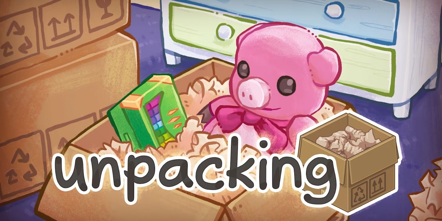 Key art for Unpacking, showing the game's name and cardboard box logo in front of more moving boxes where one is open with a stuffed animal inside.