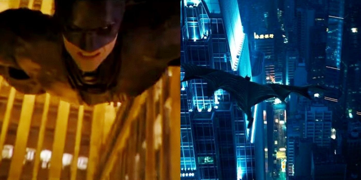 Split image of Batman flying in The Batman and The Dark Knight