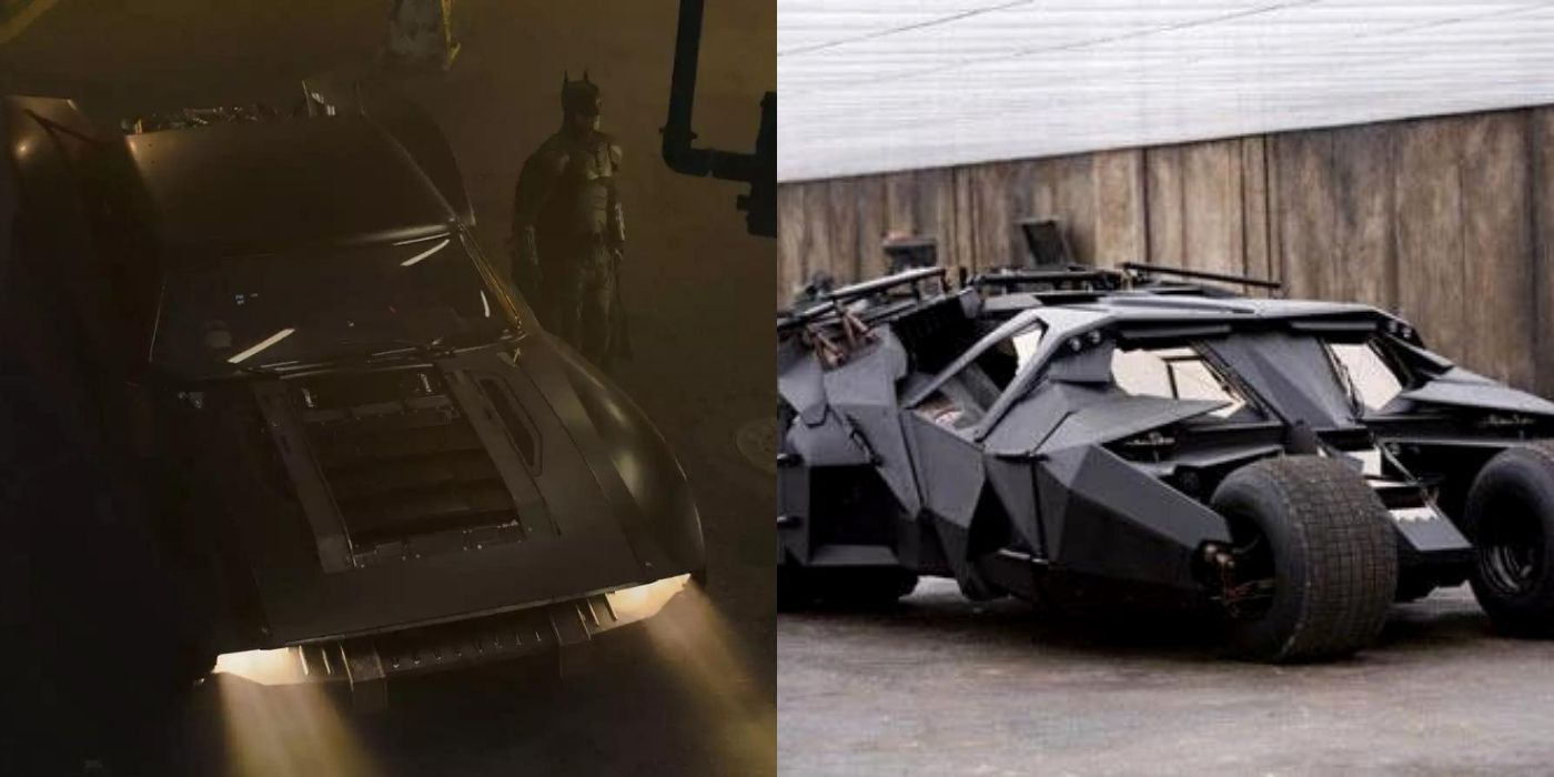 Split image of Pattinson Batmobile and Bale Batmobile