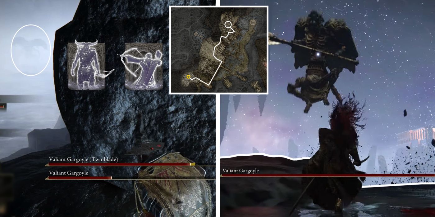 An image of the Valiant Gargoyle Boss fight superimposed with the boss' location on Elden Ring's map and images of the spirit summons players should use for best results.