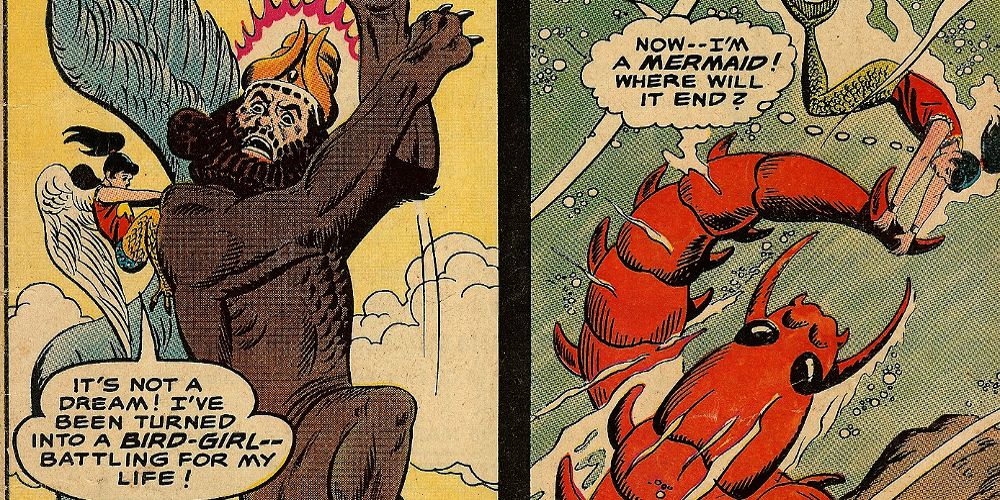 Wonder Girl clings to mer-boy and bird-boy in Wonder Woman 147