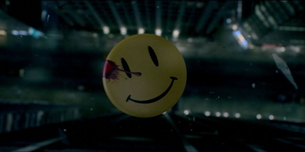 A bloody smiley-face button in the air in Watchmen.