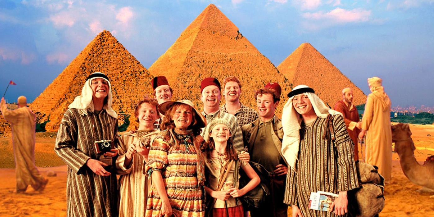 The Weasley family standing in front of the pyramids in Egypt in Harry Potter. 