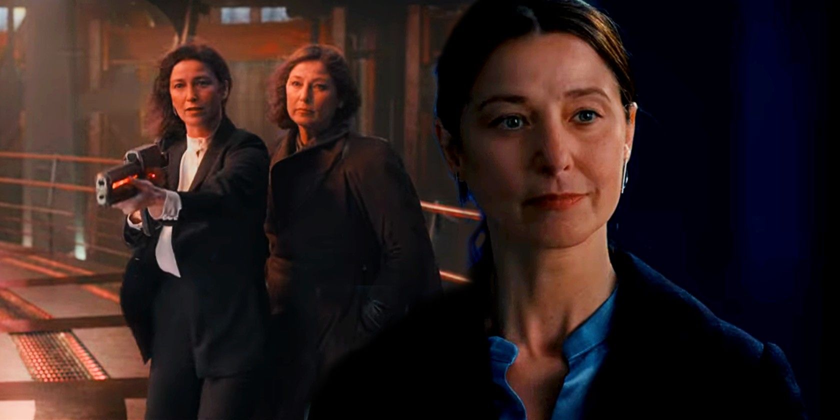 Catherine Keener as Maya Sorian in The Adam Project - her present-day self and a younger, deepfake version of her.