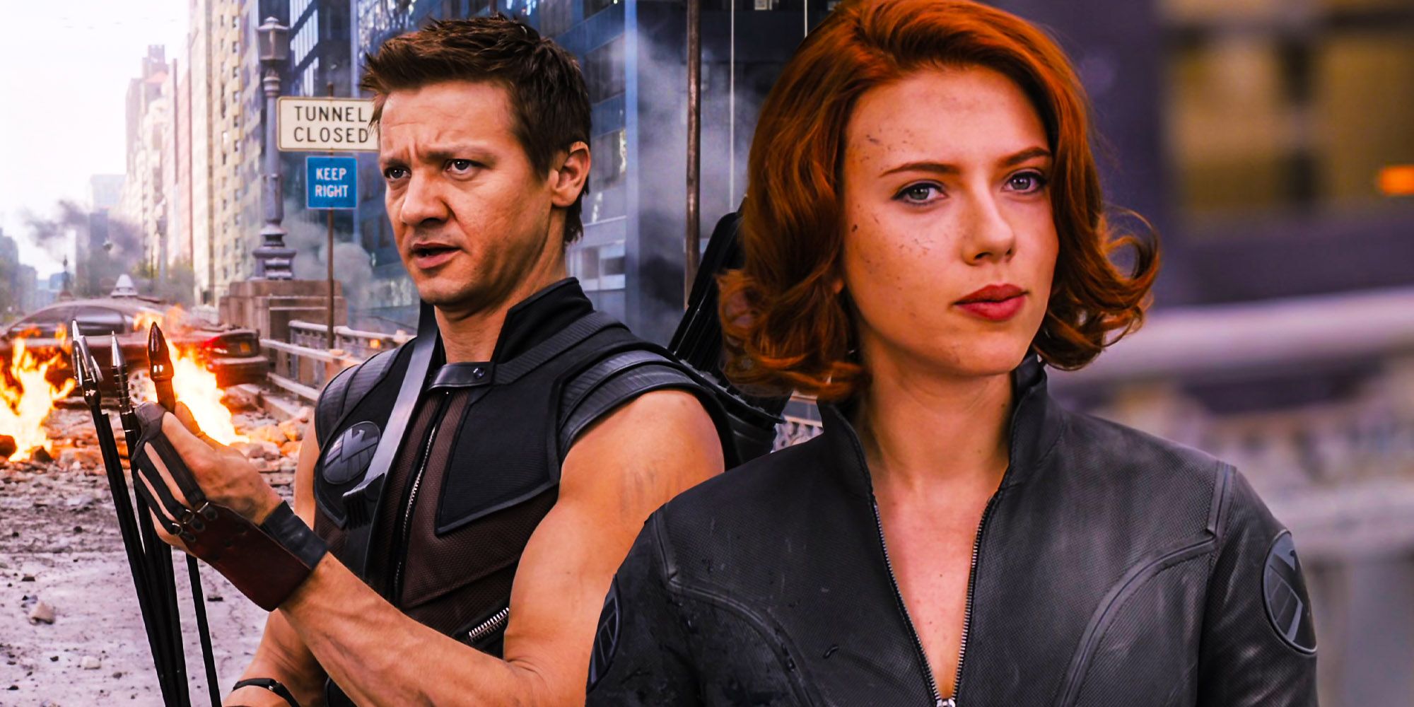 Blended image of Black Widow and Hawkeye in The Avengers.