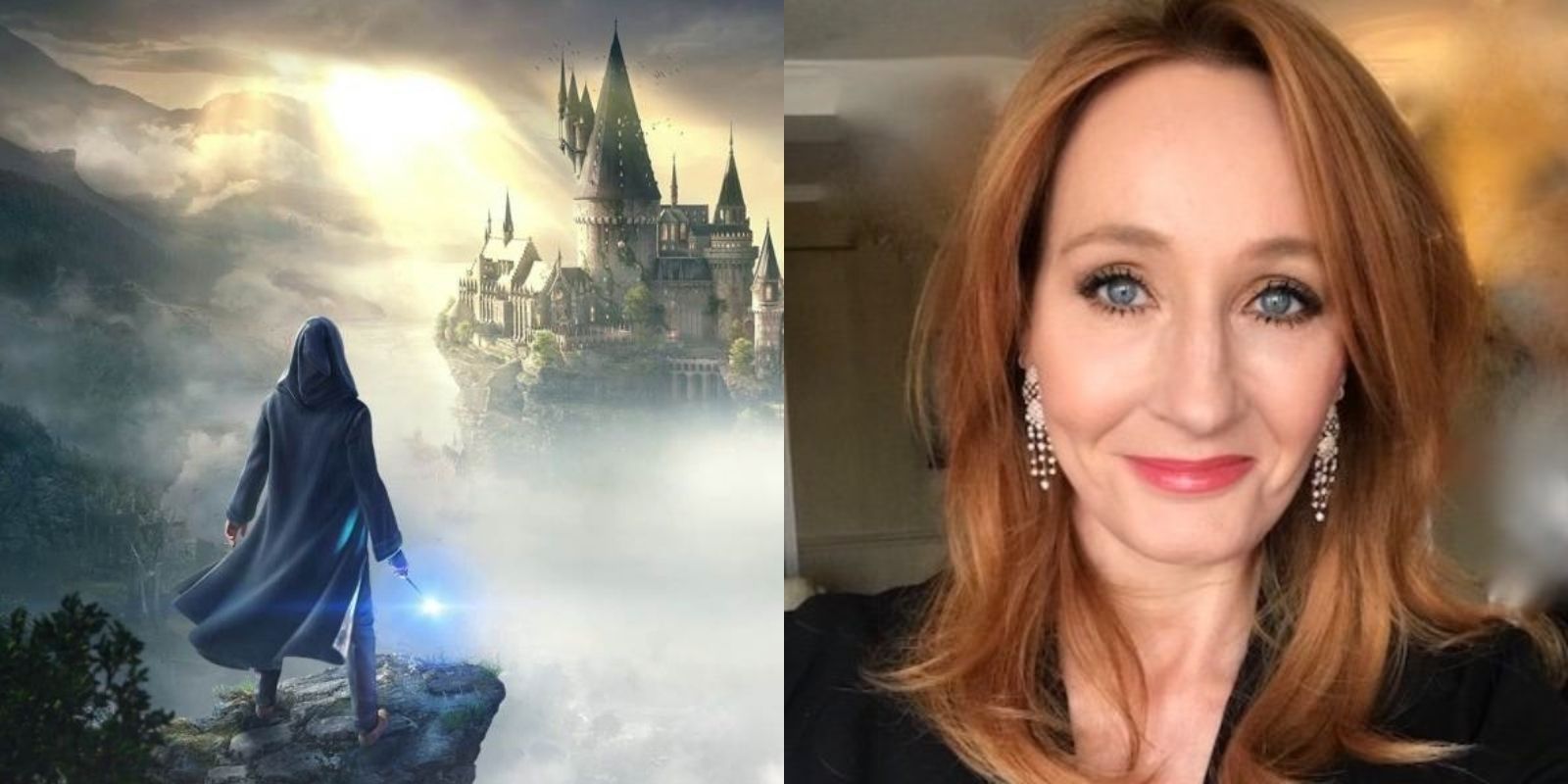 Split Screen image of the cover art for Hogwarts Legacy next to J. K. Rowling's author photo