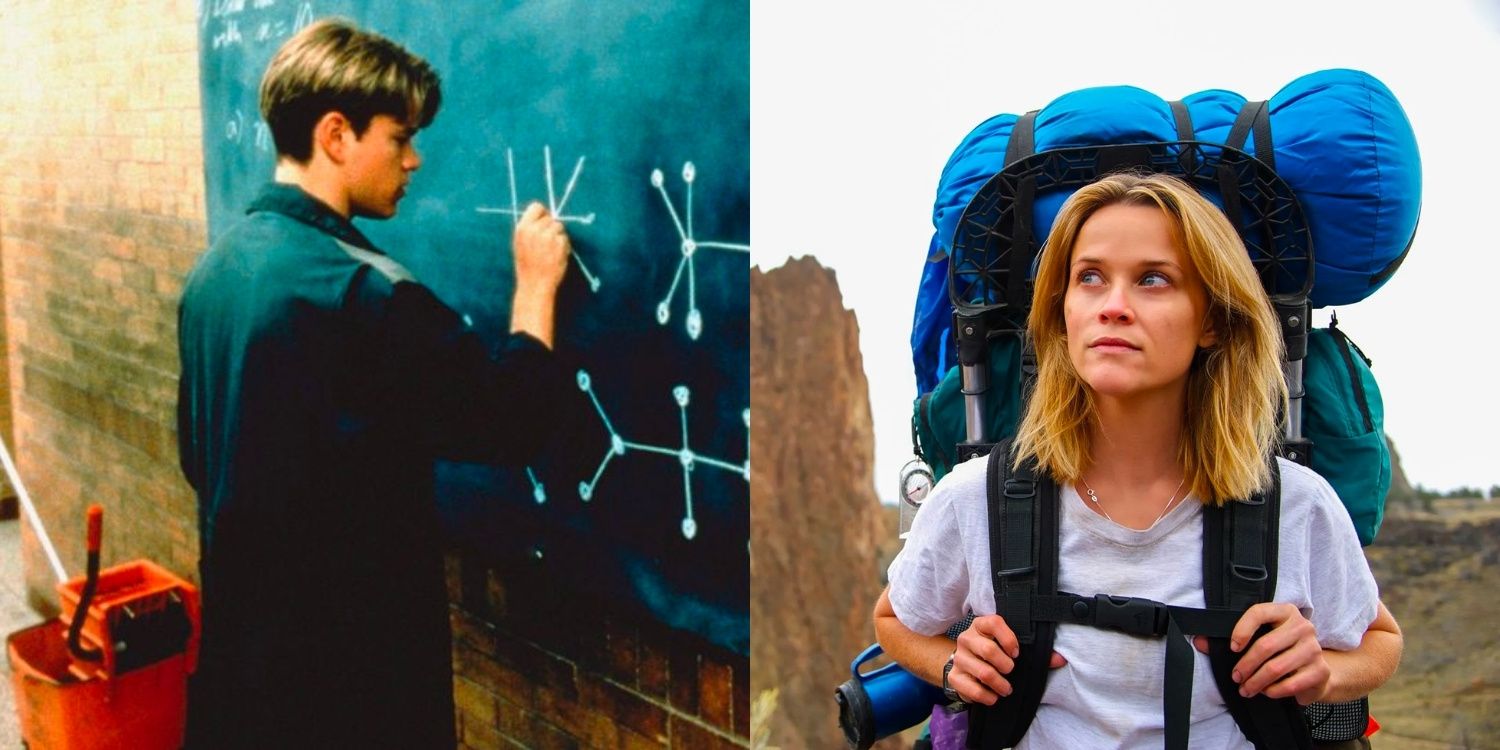 Split image: Will working on a problem in Good Will Hunting and Cheryl hiking in Wild