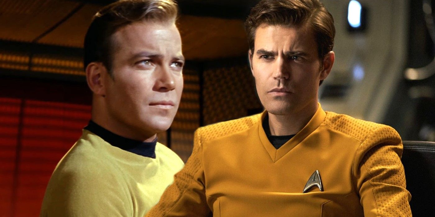 William Shatner jako Kirk ve Star Treku a Paul Wesley jako Kirk ve Star Trek Strange New Worlds