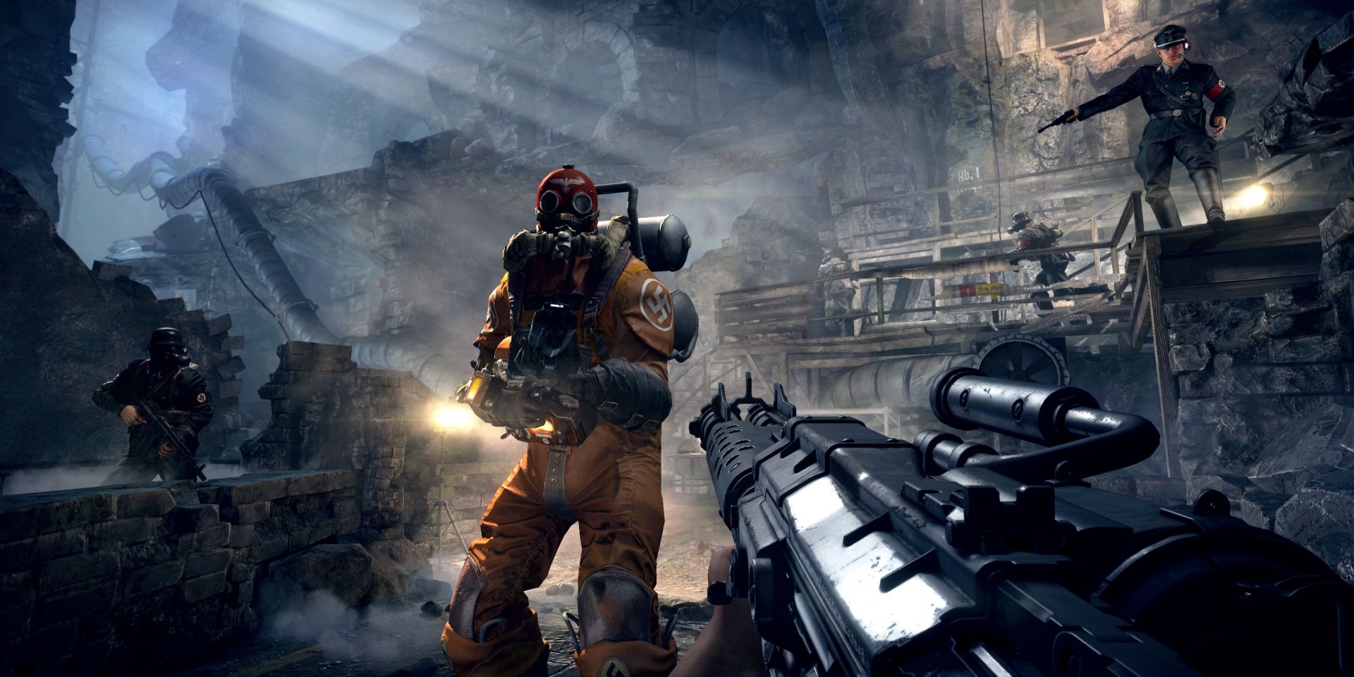 A promotional image from the 2015 first-person shooter Wolfenstein: The Old Blood.