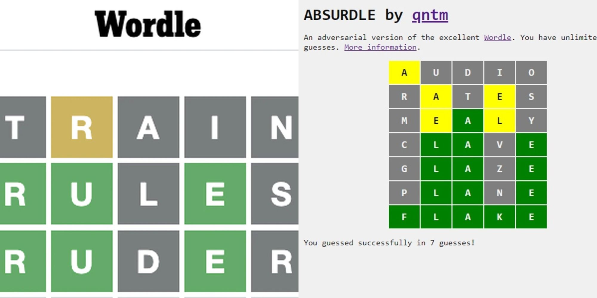 Split image showing the online games Wordle and Absurdle