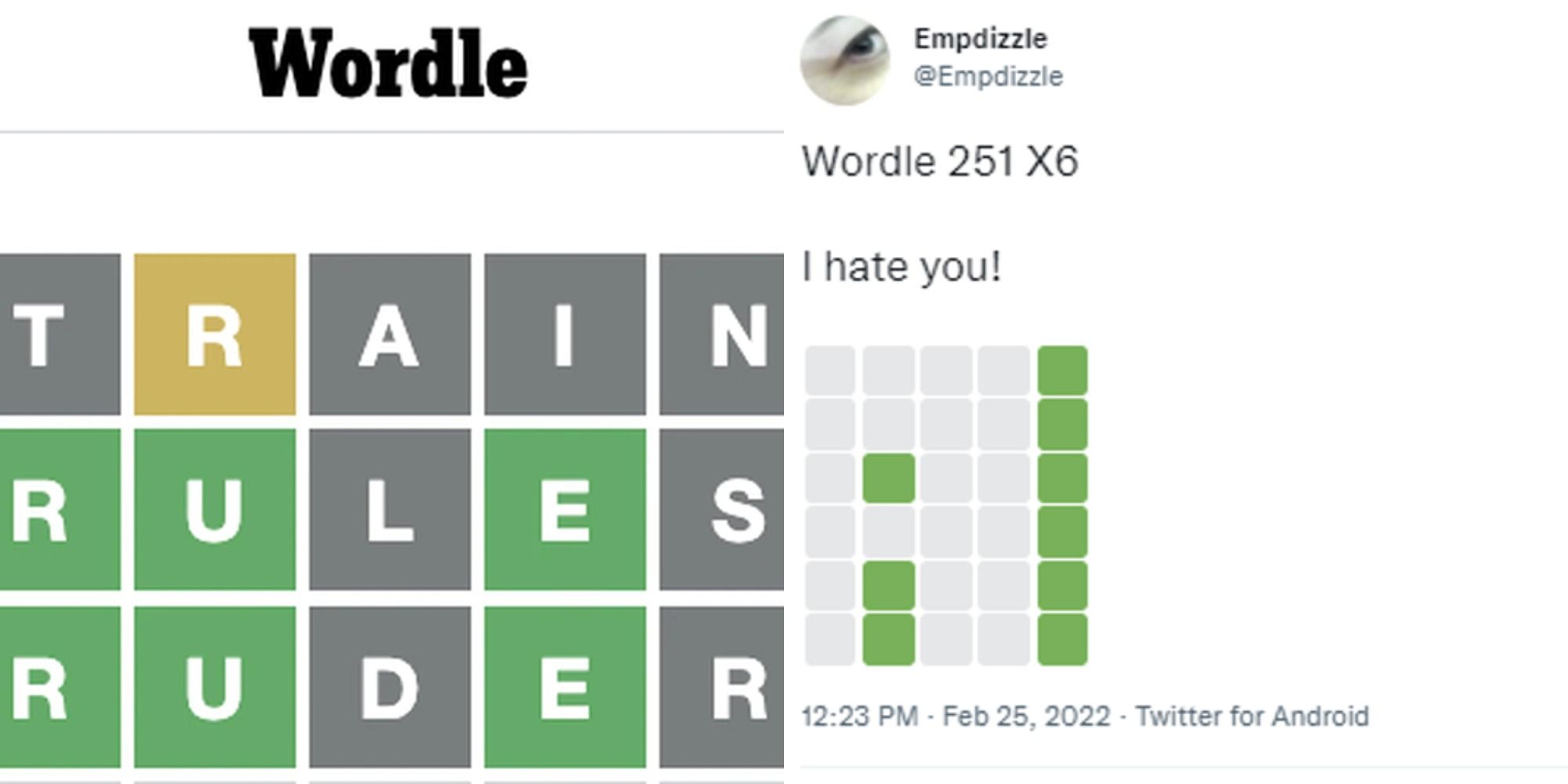 Split image showing a Wordle board and a tweet about the game