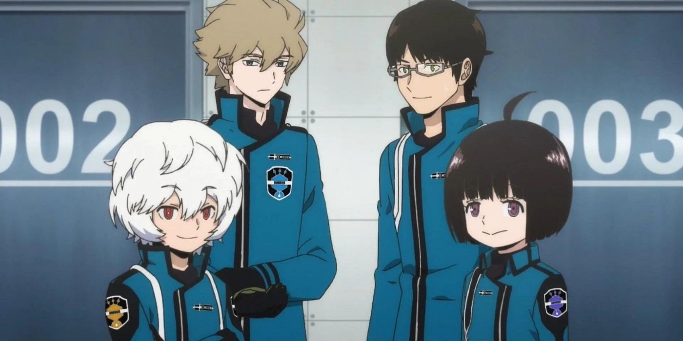 Four characters from World Trigger in school uniforms