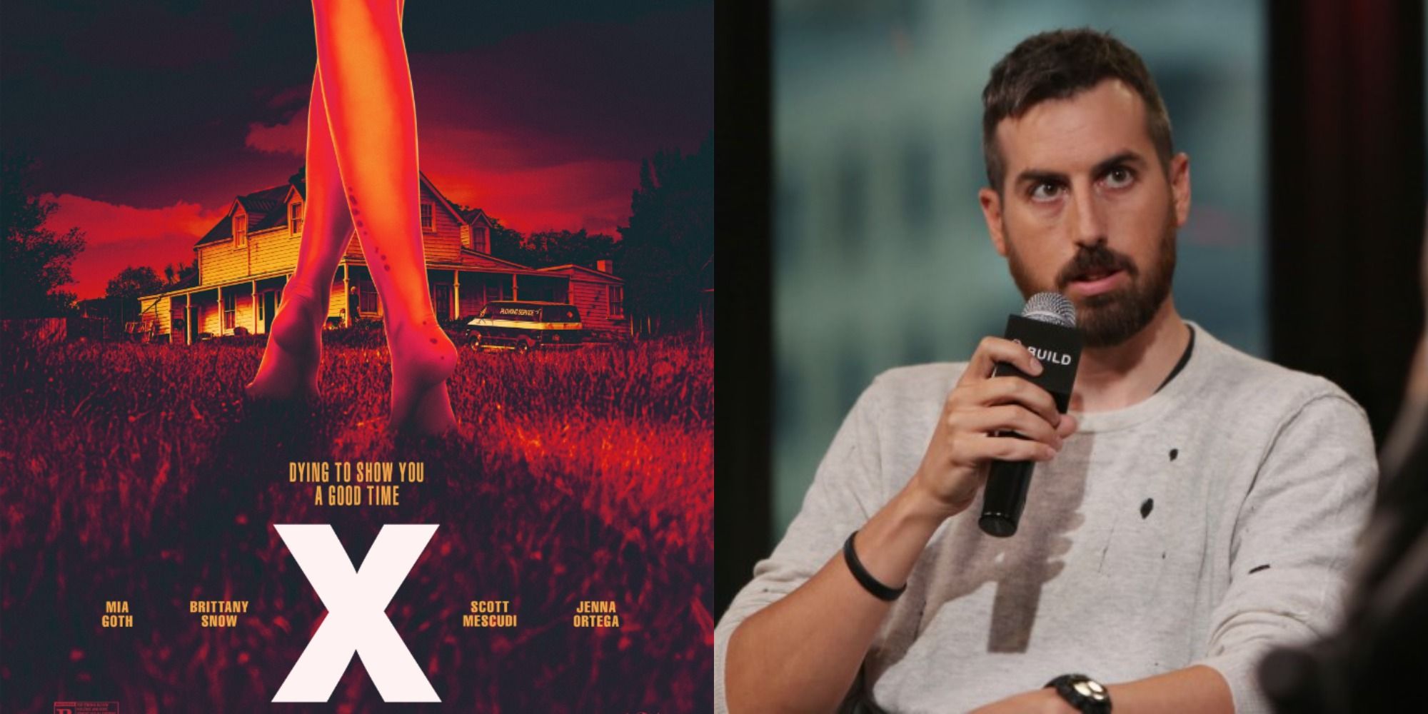 Split image showing the poster for the 2022 movie X and director Ti West
