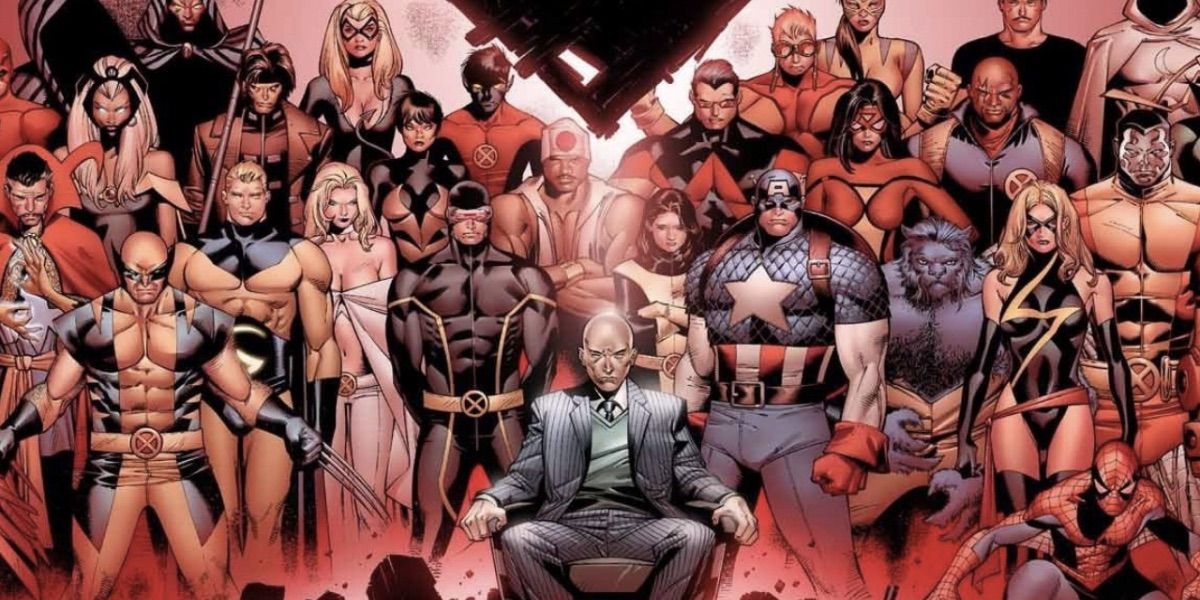 Professor X sits in front of a large group of Mutants from House of M