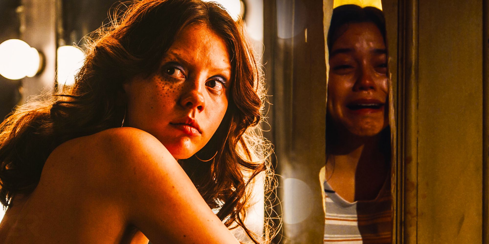 A blended image features Mia Goth as Maxine looking over her shoulder at a mirror and Jenna Ortega as Lorraine crying through a doorway in Ti West's horror movie X