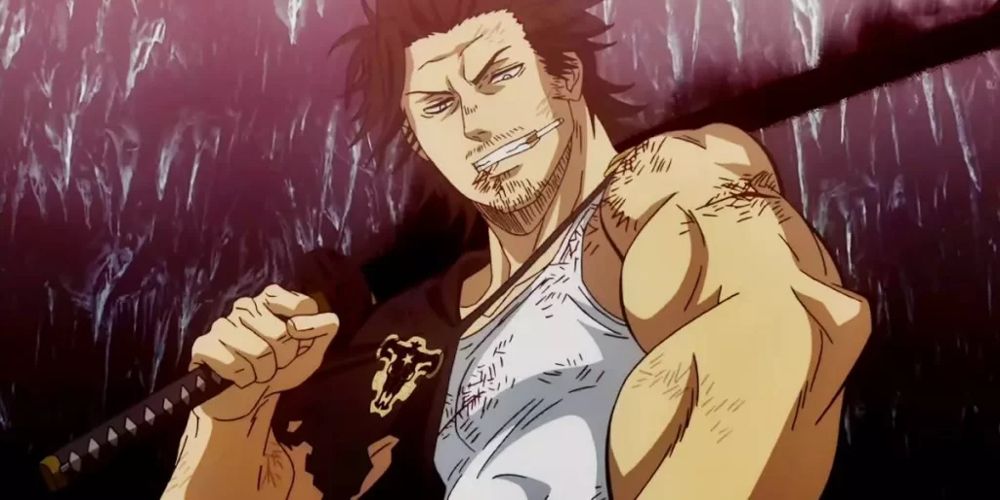 Yami holds a sword in the rain in Black Clover