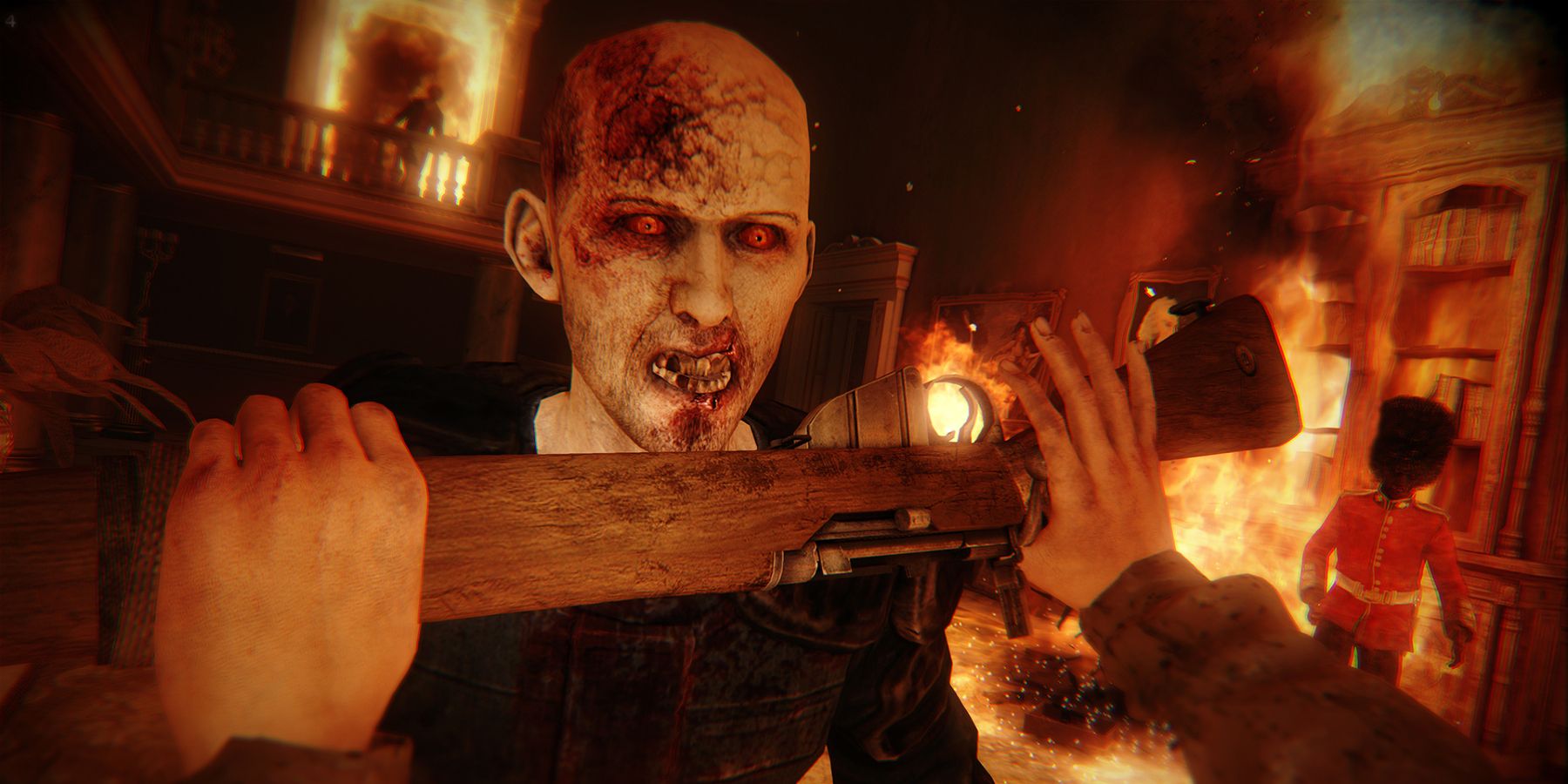 Survivor restraining a zombie with a gun in zombie survival video game ZombiU.