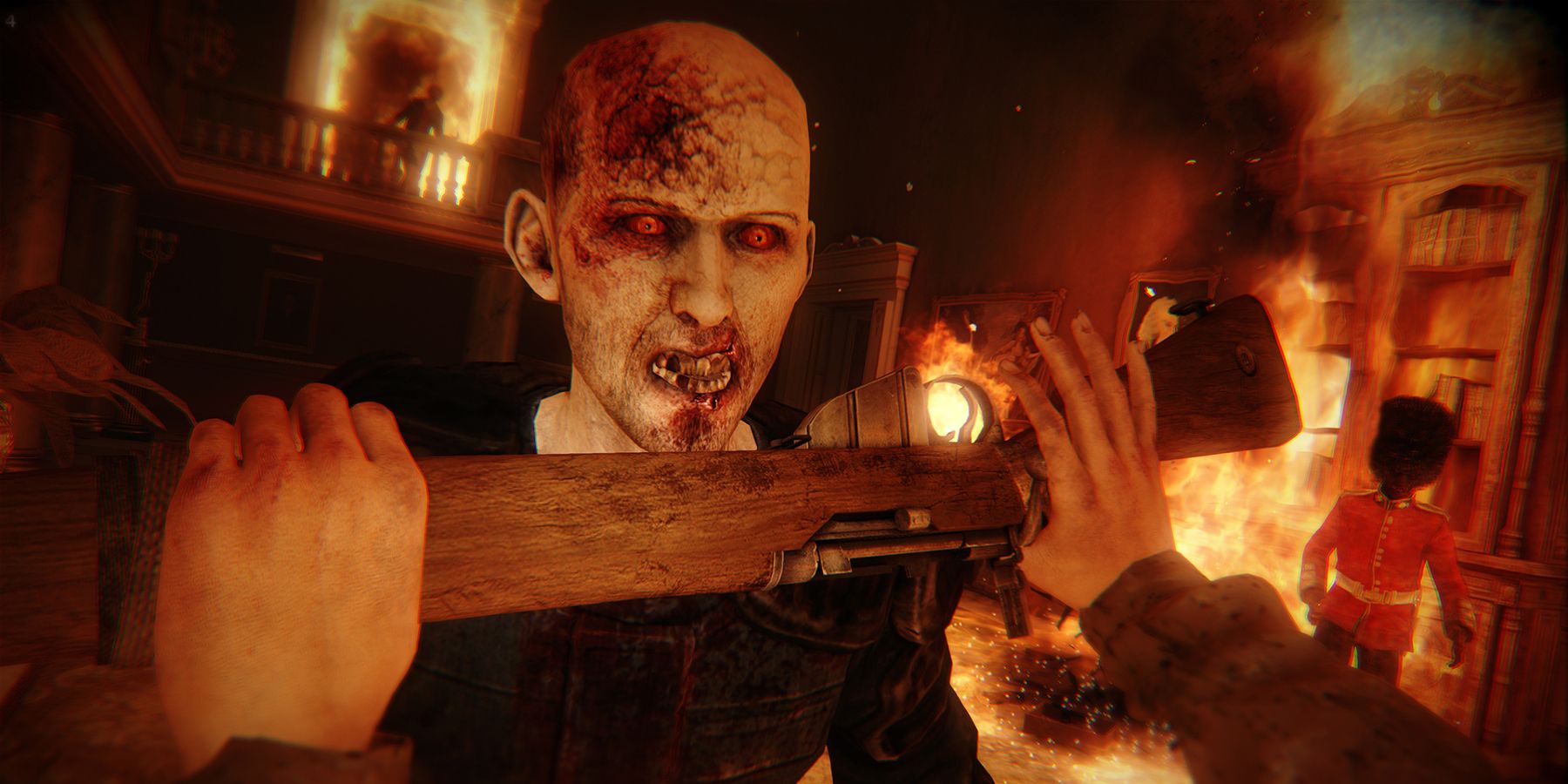 Survivor holding back a zombie with a rifle in the zombie survival video game ZombiU.