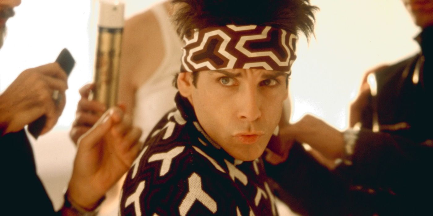 Ben Stiller as Zoolander, pouting and wearing a brown and white sweatband