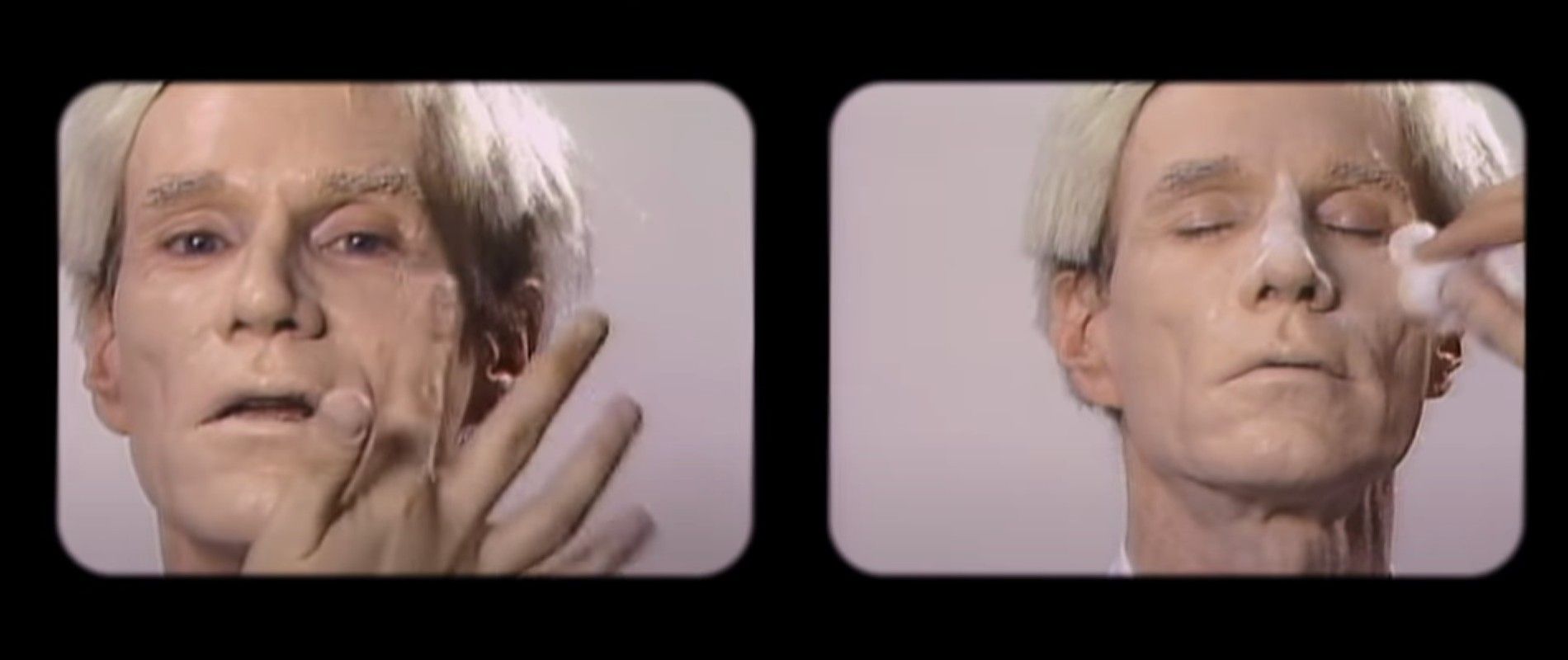 Andy Warhol applying make up in two side-by-side images
