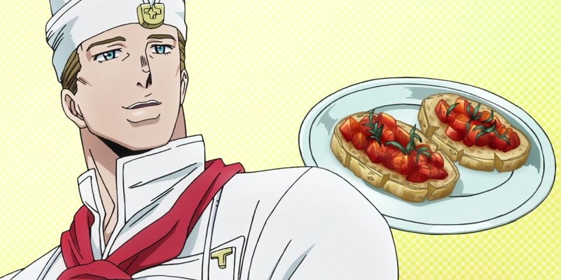 Antonio Trussardi smiling with his food in the background in JoJo's Bizarre Adventure