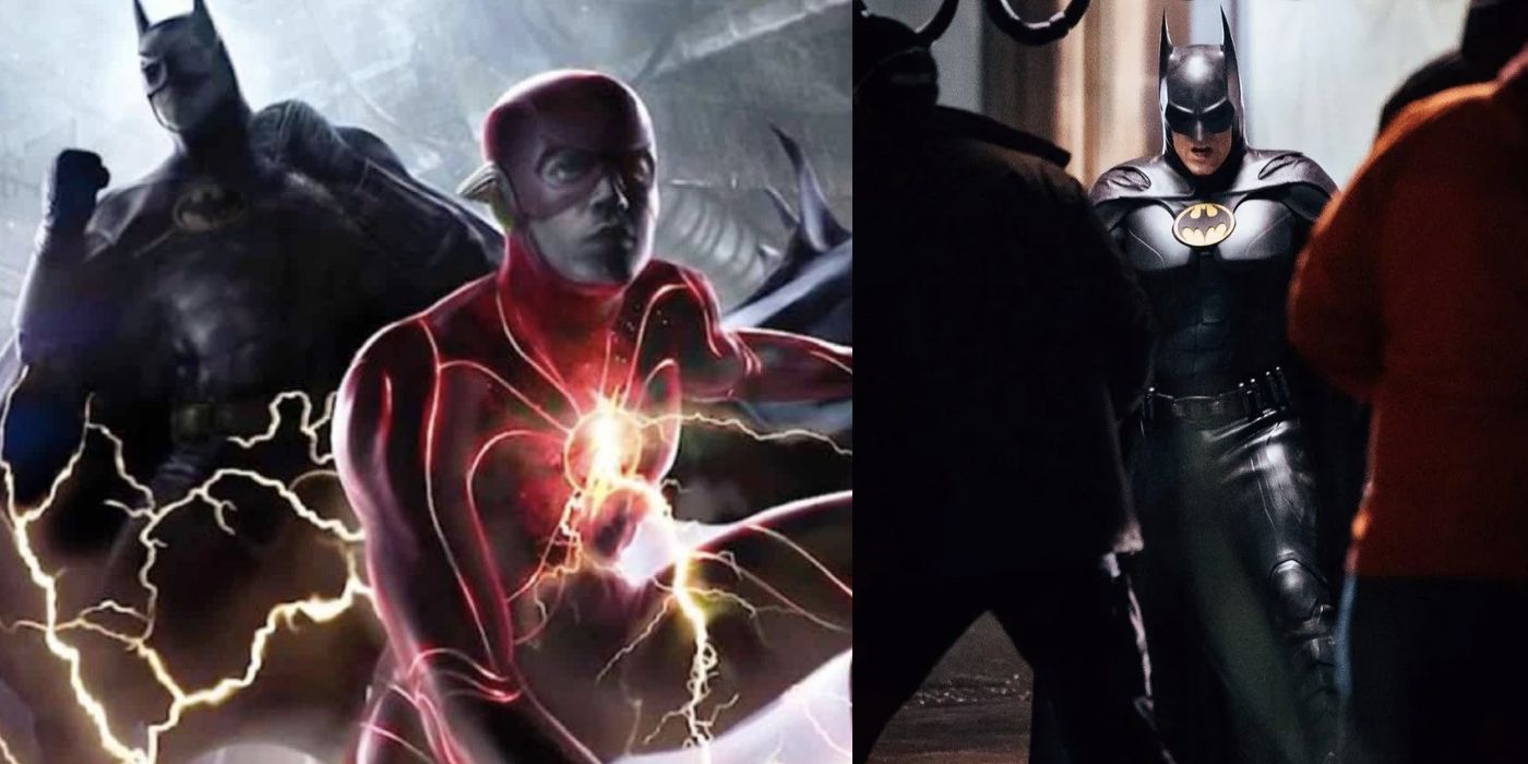Concept art of Michael Keaton alongside Barry Allen fron The Flash and a set photo of Keaton from Batgirl
