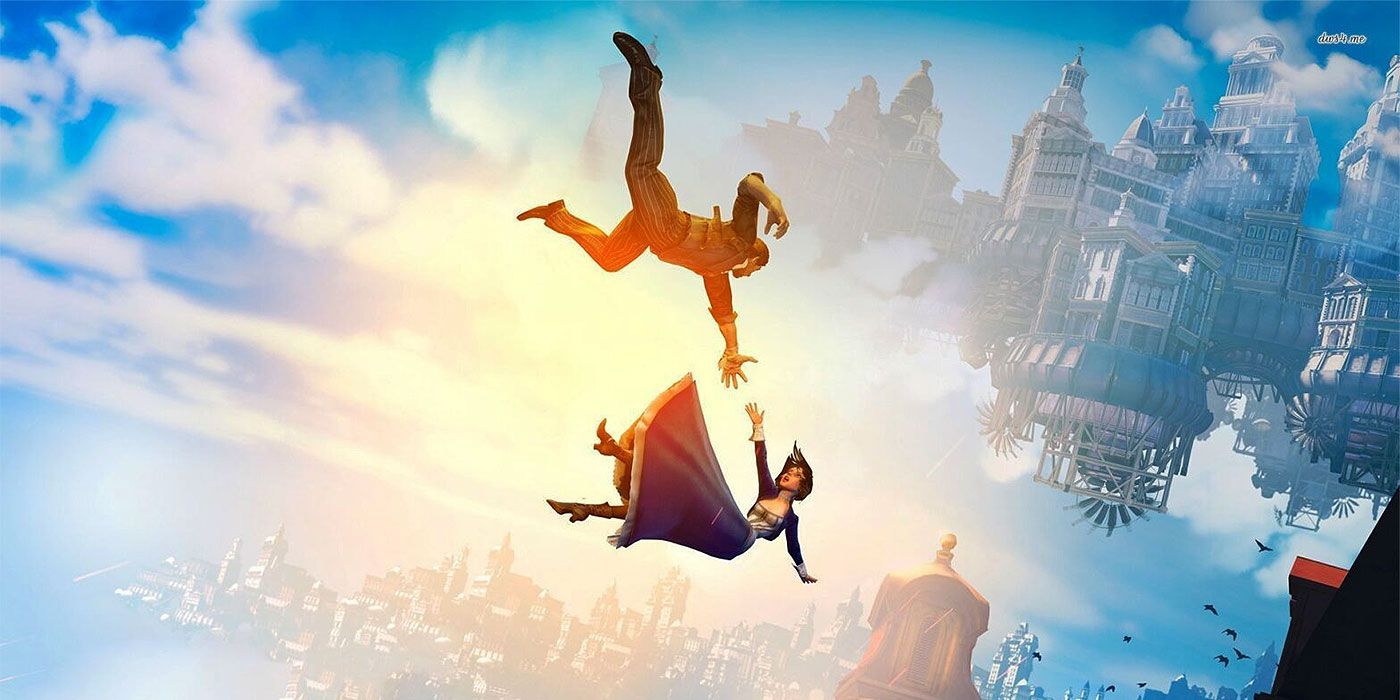 Booker and Elizabeth falling through the sky in BioShock Infinite